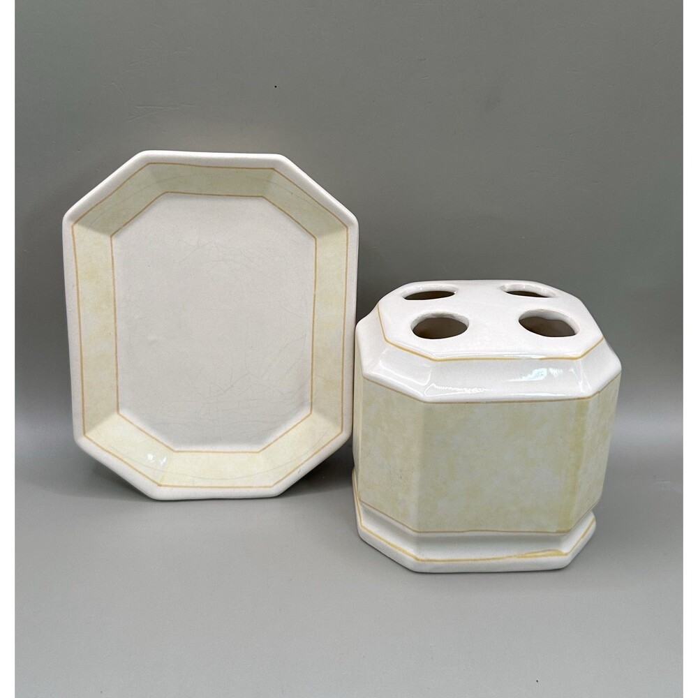 Greenbrier International Ceramic Toothbrush Holder and Soap Dish Set Tan Marble